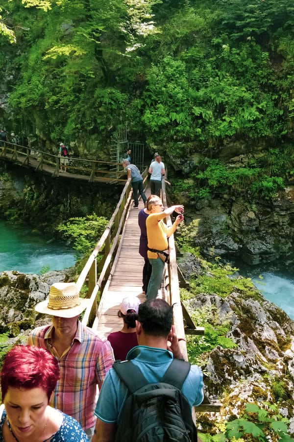 crowds at vintgar gorge in june summer