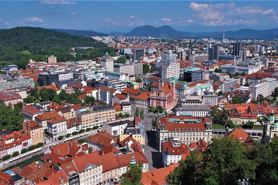 views over ljubljana from outlook tower or watch tower ljubljana castle