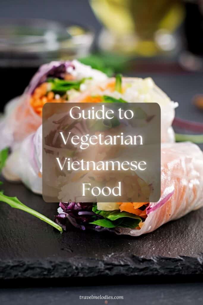 fresh vietnamese vegetarian spring rolls with colorful vegetables on a black slate plate, with overlaid text that reads 'guide to vegetarian vietnamese food' and travelmelodies.com at the bottom