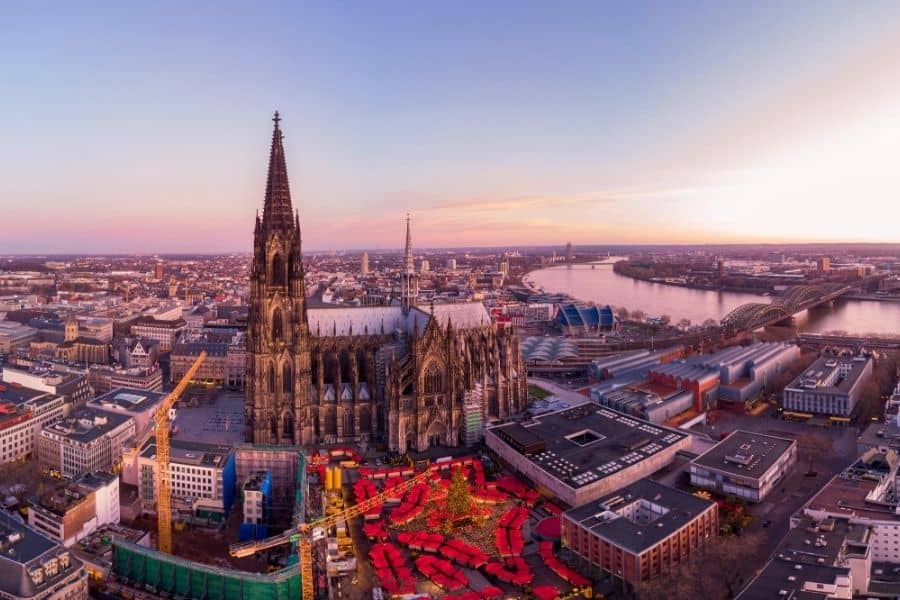 aerial view of cologne cathedral christmas marekt with a view of rhine river