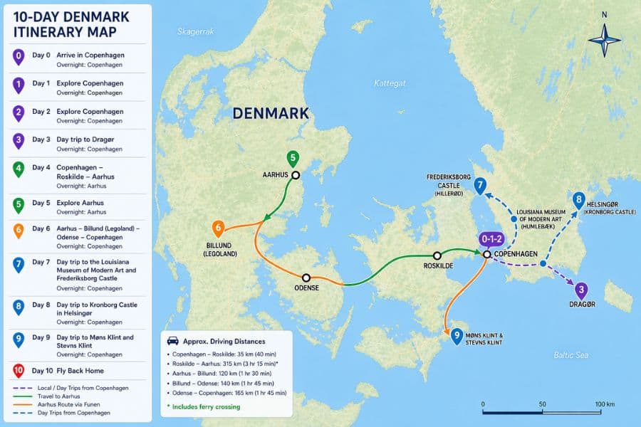 A map of a 10-day Denmark road trip itinerary showing driving routes from Copenhagen to Roskilde, Aarhus, Billund, Odense, and back, plus day trips to Dragør, Helsingør, Louisiana Museum of Modern Art, Frederiksborg Castle, and the chalk cliffs of Møns Klint and Stevns Klint