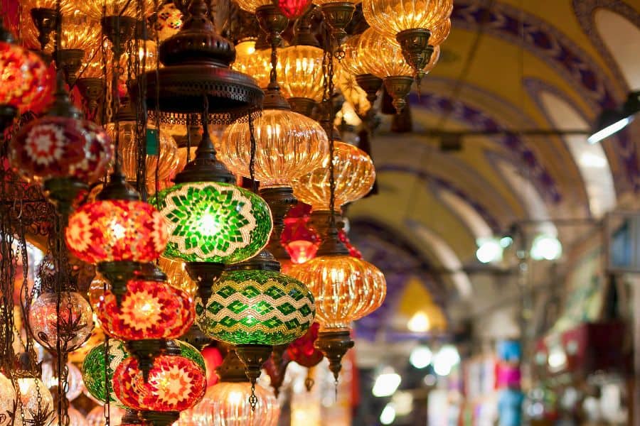colorful lamps at the grand bazaar in sultanahmet istanbul turkey
