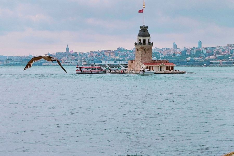 maiden tower uskudar and the view of the skyline of Istanbul on the european side including galata tower