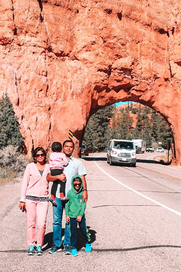 neha and family posing while road tripping the scenic byway 12 in utah usa