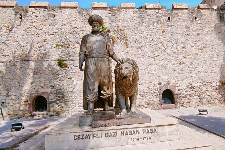 statue turkish sailor and statesman algerian gazi hasan pasha cesme castle