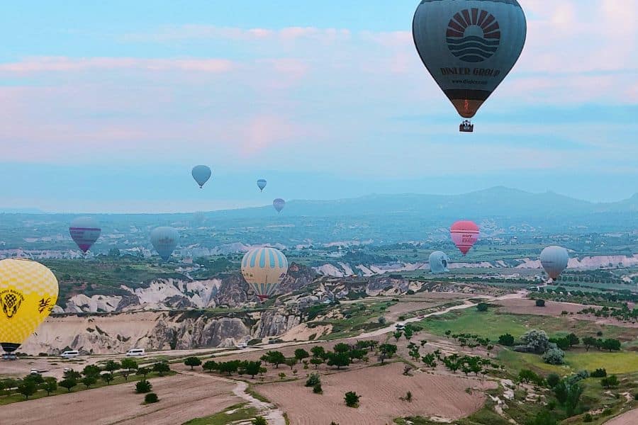 beautiful cappadocian landscape as seen from the hot air balloon flying high above cappadocian valleys