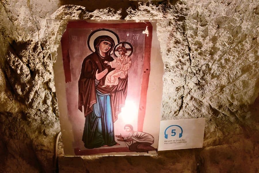 mary cradles baby jesus who has a cross within his halo frescoes chapel of st basil goreme cappadocia