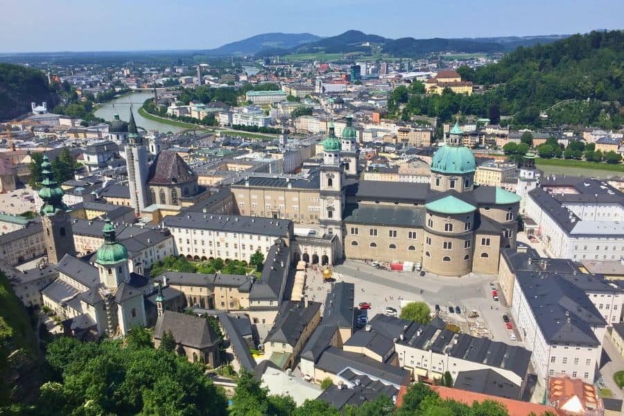 panoramic view of salzburg from reckturm tower lookout platform at hohensalzburg castle