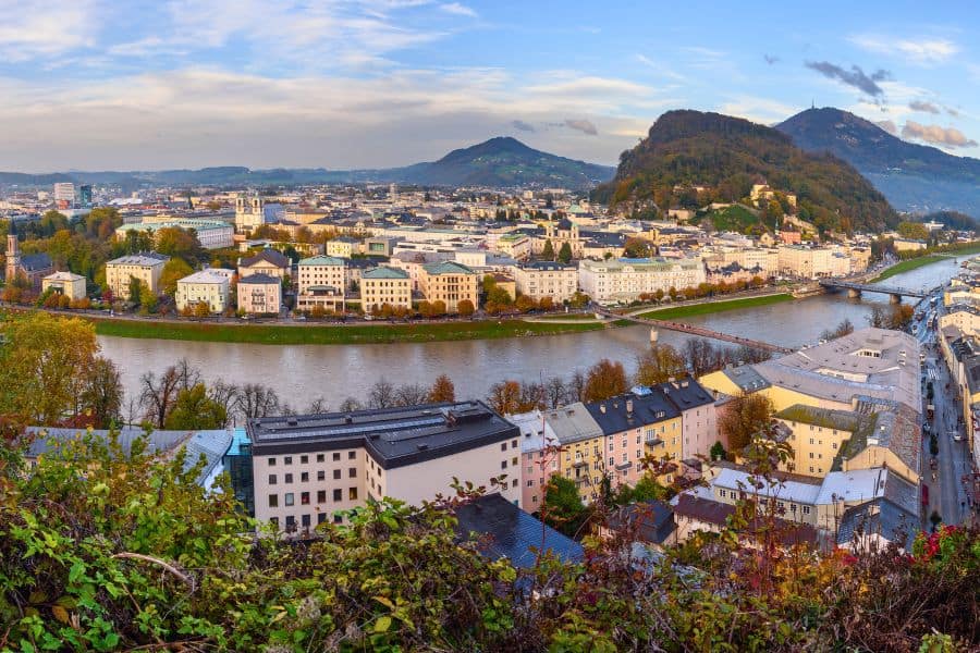 panoramic view of salzburg and salzach river from monchsberg mountain