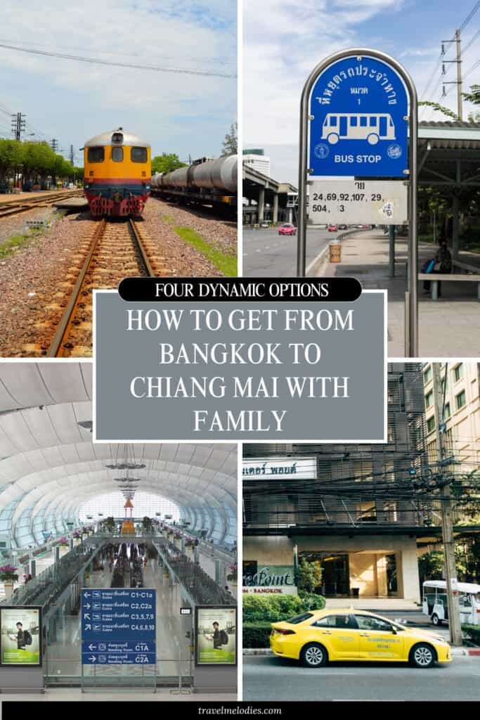 collage showcasing four travel options from Bangkok to Chiang Mai for families, featuring a train, bus stop, airport interior, and a yellow taxi