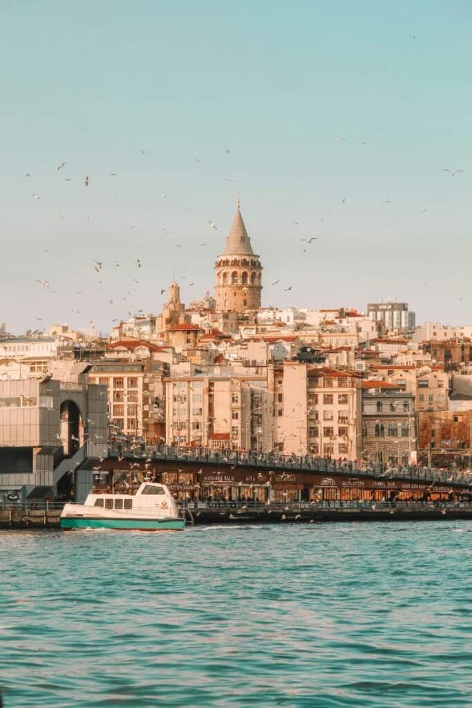 view of istanbul's galata tower rising above a cluster of historic buildings and a bustling waterfront, with seagulls flying across a clear blue sky and turquoise water in the foreground