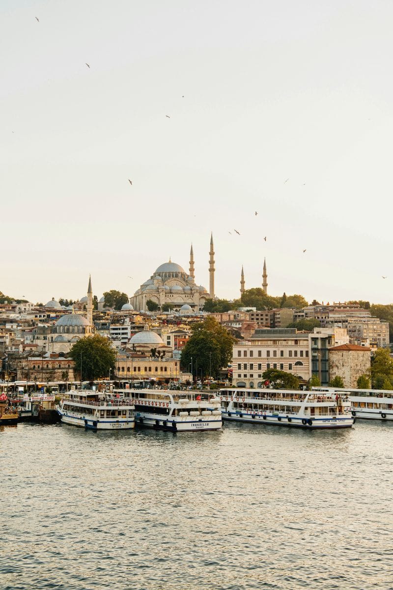 view of Istanbul’s skyline at sunset with the iconic Süleymaniye Mosque and its minarets rising above historic buildings, boats docked at the waterfront, and birds flying overhead