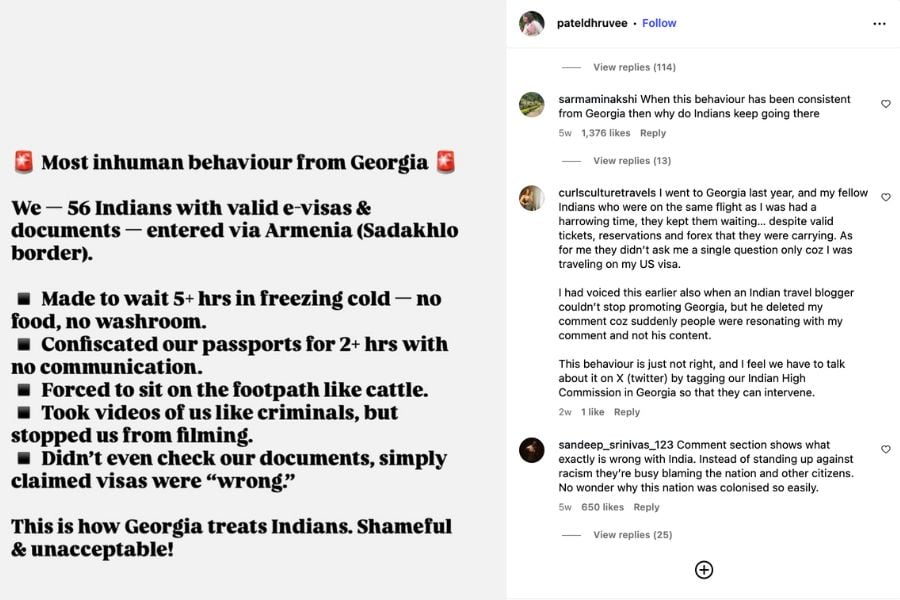 screenshot of an instagram post by user pateldhruvee describing mistreatment of 56 indian travellers at the georgia–armenia border, detailing how they were made to wait in freezing cold without food or washrooms and had passports confiscated