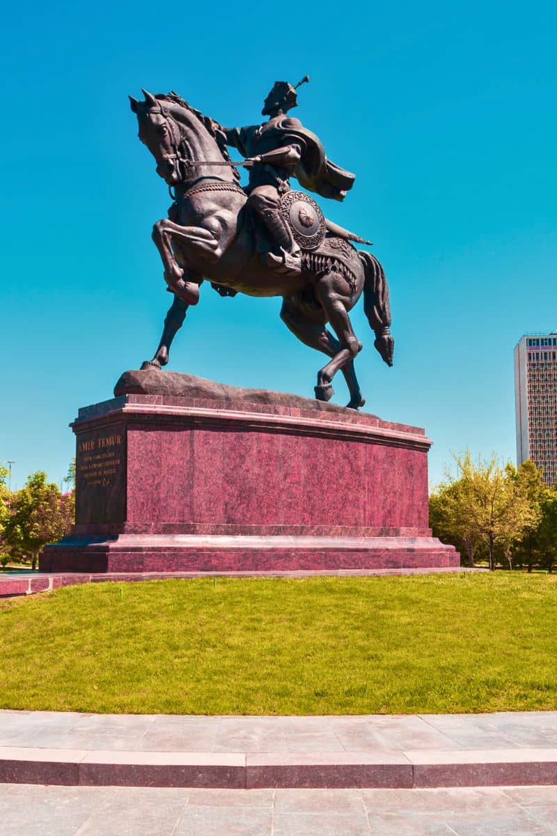 statue of amir temur on a horse at amir temur square in tashkent