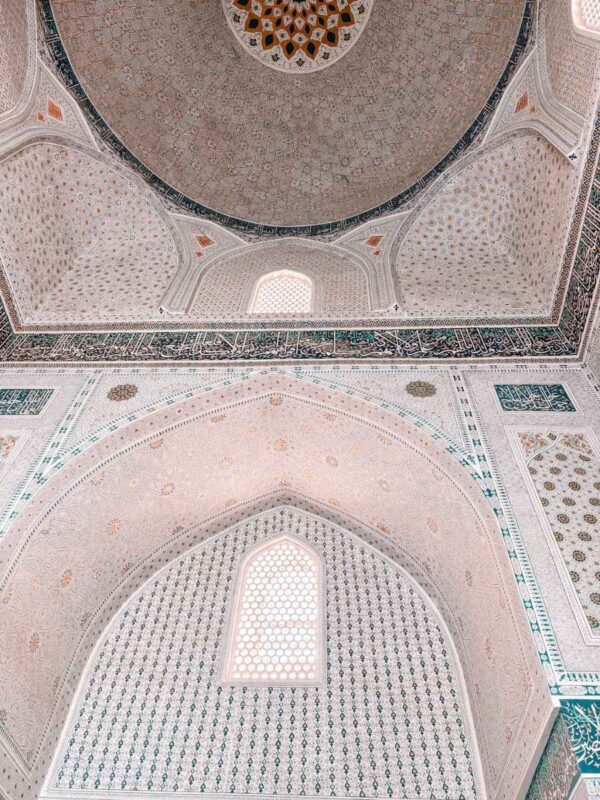 ornate interior ceiling and dome details inside bibi khanym mosque samarkand