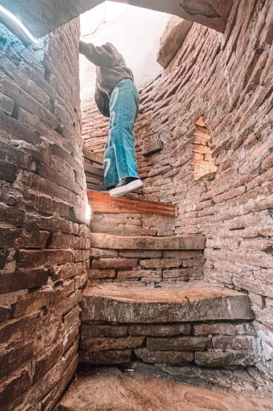 inside islam khoja minaret khiva with narrow spiral stone staircase