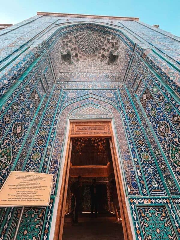 ornate tiled entrance of a tuman aqa mausoleum at shakhi zinda ensemble in samarkand