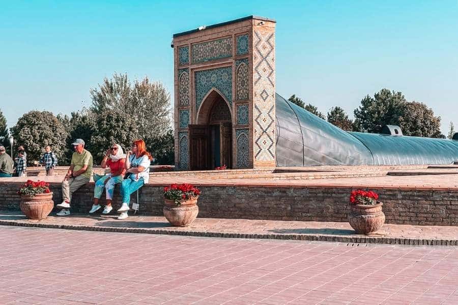 ulugh beg observatory entrance with tiled arch and reconstructed underground sextant tunnel in samarkand