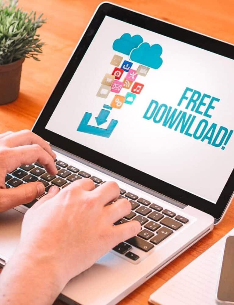 free download screen on a laptop with hands typing