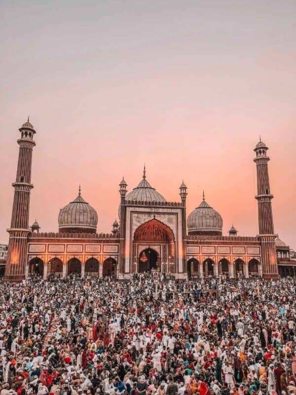 large crowd gathered outside jama masjid in delhi during evening prayers