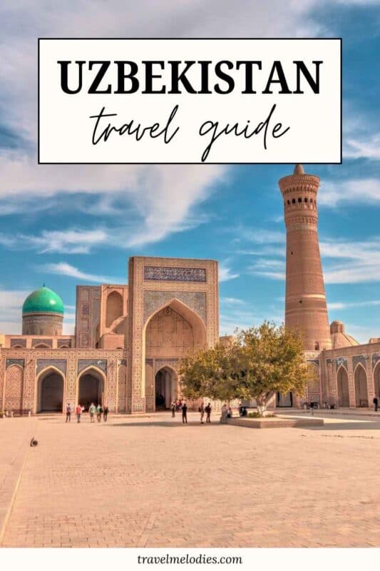 uzbekistan travel guide cover featuring poi kalyan complex in bukhara with minaret and blue tiled madrasas under clear sky