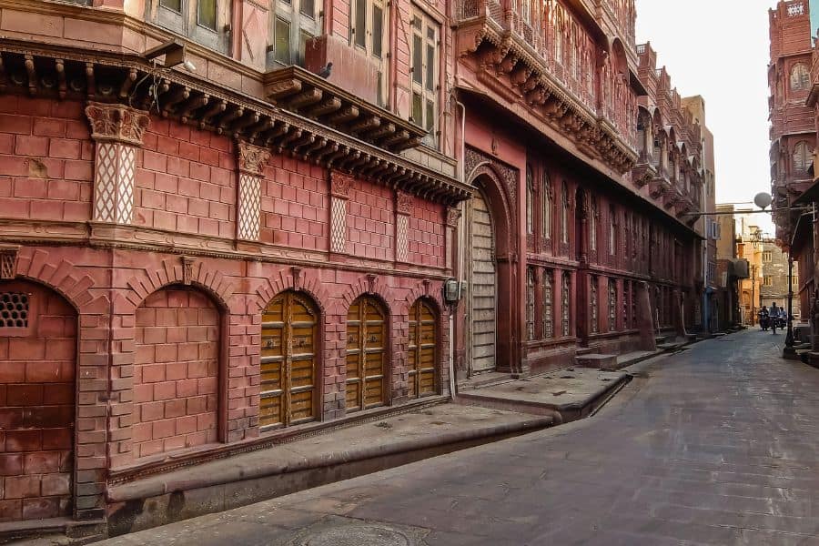 traditional red sandstone havelis and quiet street in bikaner rajasthan india