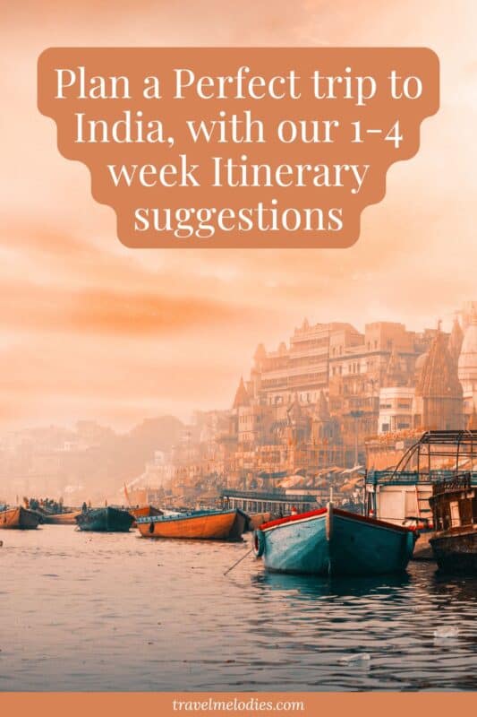 pinterest graphic featuring boats on the ganges river with varanasi ghats at sunrise and india travel itinerary text overlay