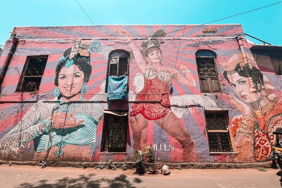 A Bollywood Art Project (BAP) mural on Chapel Road in Bandra West, Mumbai, featuring iconic Hindi cinema actresses Asha Parekh and Helen