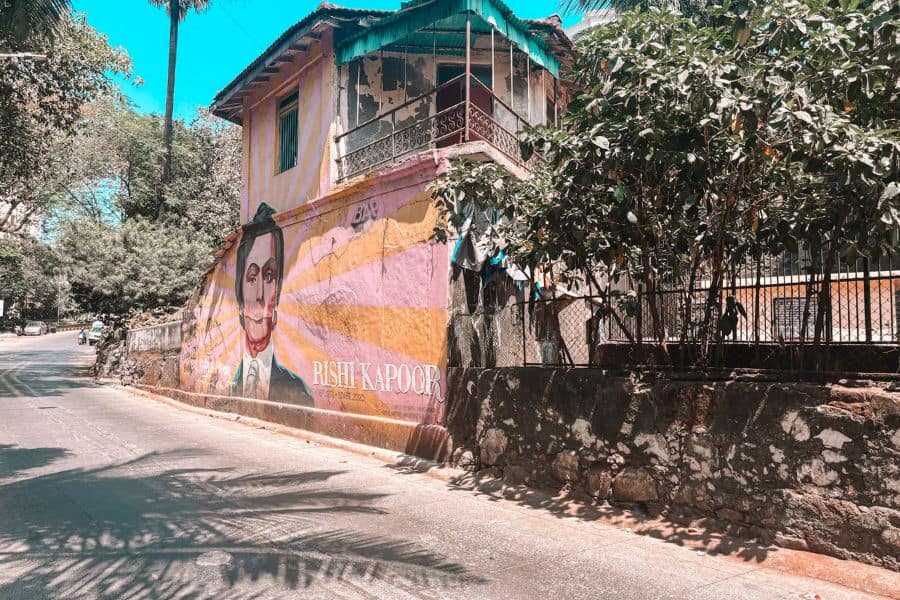 A street art mural tribute to actor Rishi Kapoor (1952–2020), painted on a heritage East Indian-style cottage at Chapel Road in Ranwar Village, Bandra West, Mumbai