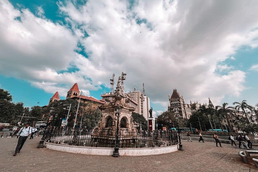 Flora Fountain (Hutatma Chowk) at the centre of Fort, South Mumbai, with Elphinstone College and the surrounding heritage architecture in the background