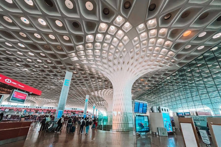 The iconic tree-shaped column and patterned ceiling at Chhatrapati Shivaji Maharaj International Airport (CSMIA) Terminal 2 in Mumbai, designed by SOM architects