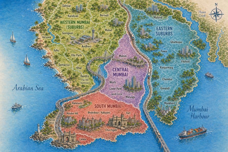 Illustrated map of Mumbai showing the city's main regions — South Mumbai, Central Mumbai, Western Suburbs, and Eastern Suburbs